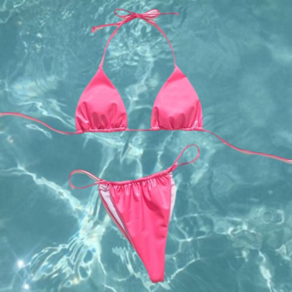 Copy - Neon Pink Latex Bikini - 2 Piece Set - Picture 1 of 9